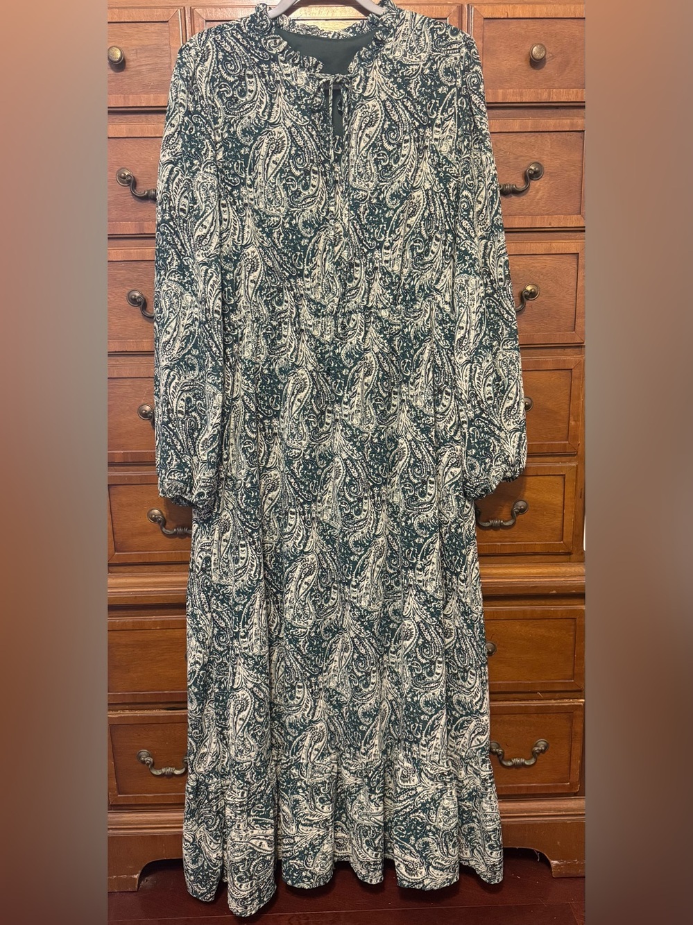 Dark Green Paisley Boho Midi Dress 3X Elastic Waist Long Sleeve Cottagecore